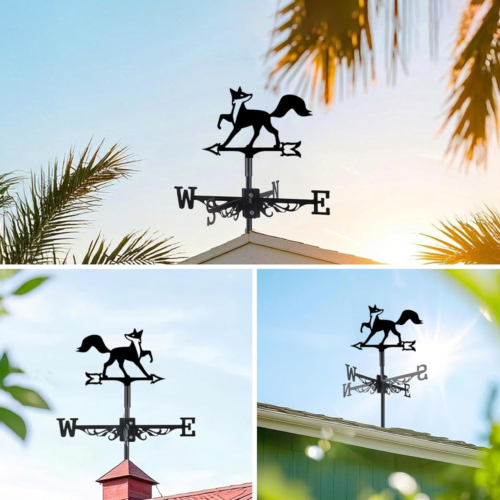 Fox metal weather vane with directional arrows and mounting rod, outdoor roof and garden decoration