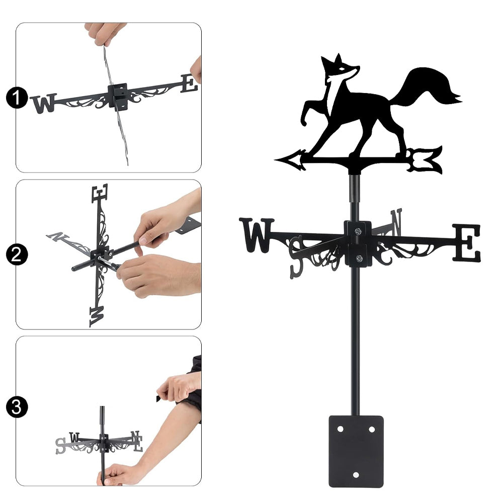 Fox metal weather vane with directional arrows and mounting rod, outdoor roof and garden decoration