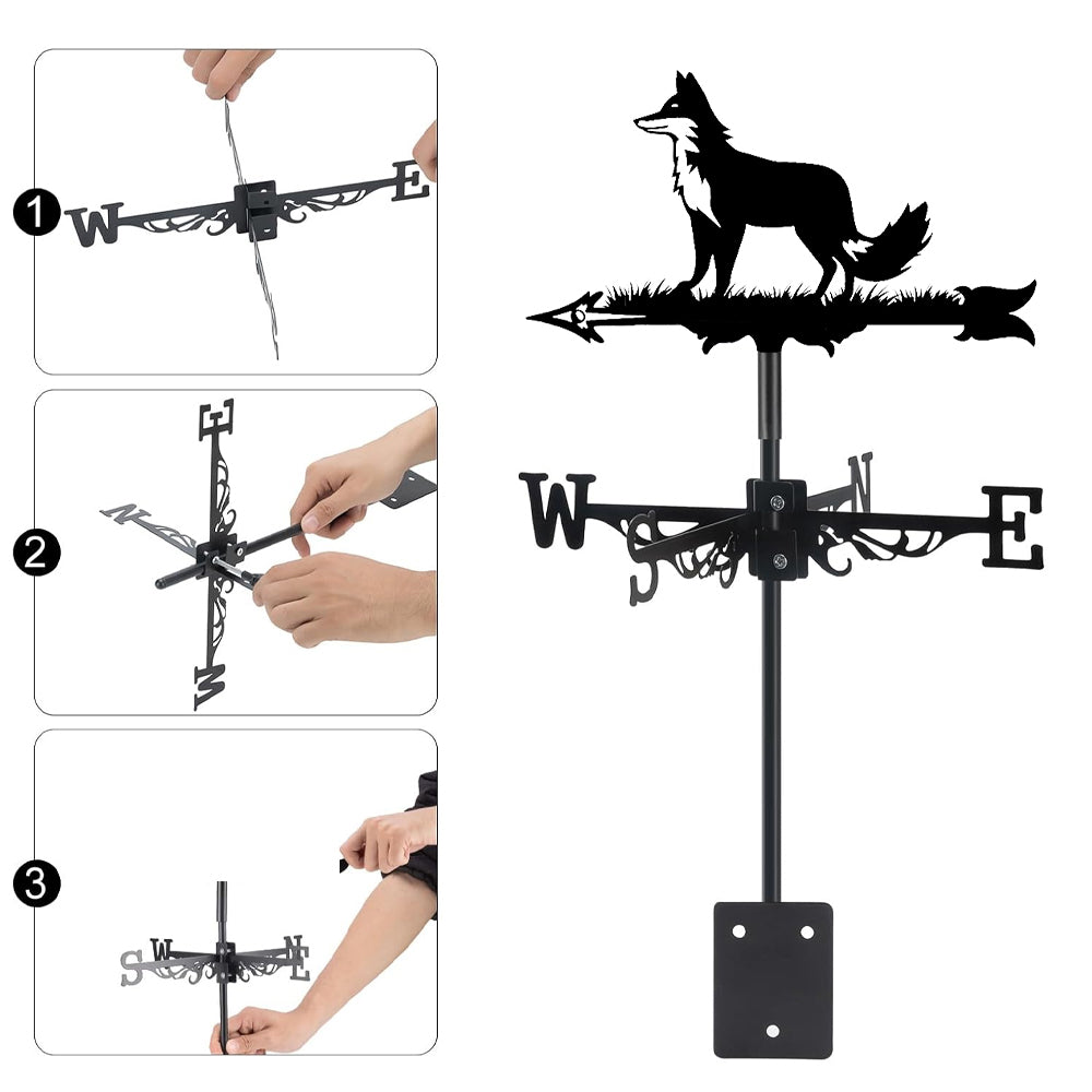 Fox metal weather vane with directional arrows and mounting rod, outdoor roof and garden decoration