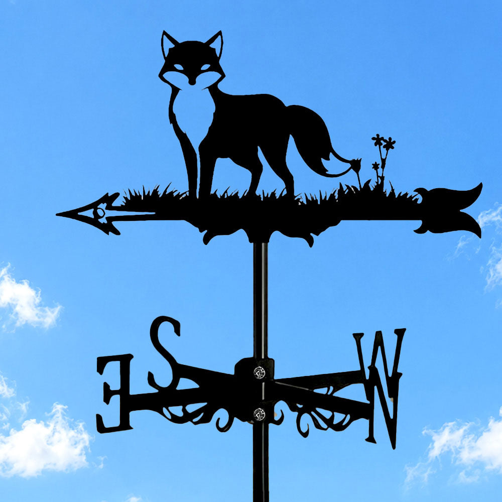 Fox metal weather vane with directional arrows and mounting rod, outdoor roof and garden decoration