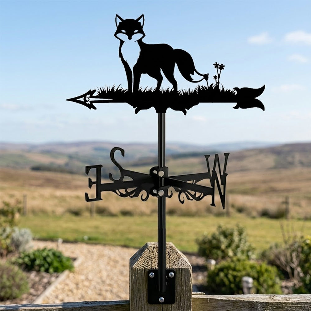 Fox metal weather vane with directional arrows and mounting rod, outdoor roof and garden decoration