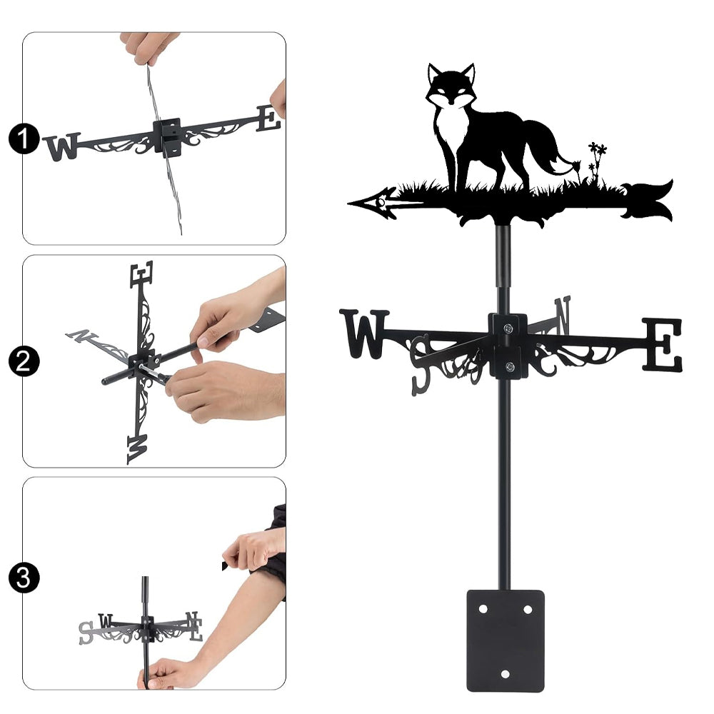 Fox metal weather vane with directional arrows and mounting rod, outdoor roof and garden decoration