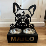 Personalized french bulldog metal dog bowl stand with custom name cutout and two removable feeding bowls