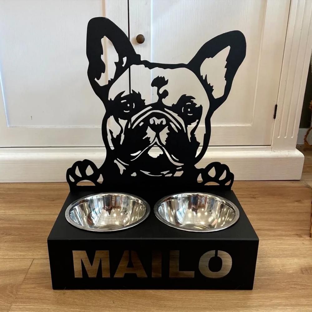 Personalized french bulldog metal dog bowl stand with custom name cutout and two removable feeding bowls