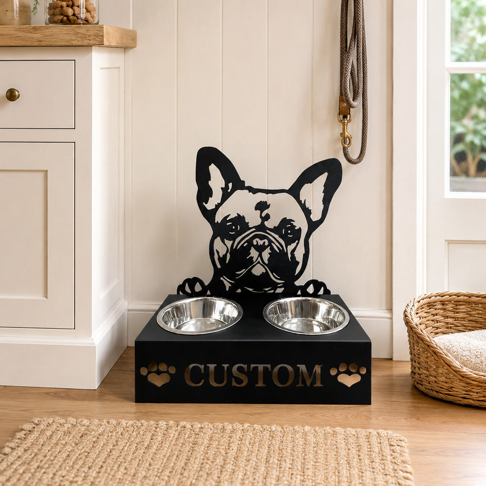 Personalized french bulldog metal dog bowl stand with custom name cutout and two removable feeding bowls