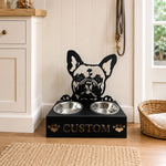Personalized french bulldog metal dog bowl stand with custom name cutout and two removable feeding bowls