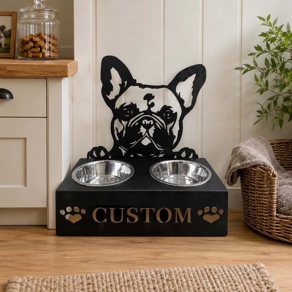 Personalized french bulldog metal dog bowl stand with custom name cutout and two removable feeding bowls