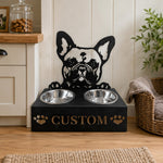 Personalized french bulldog metal dog bowl stand with custom name cutout and two removable feeding bowls