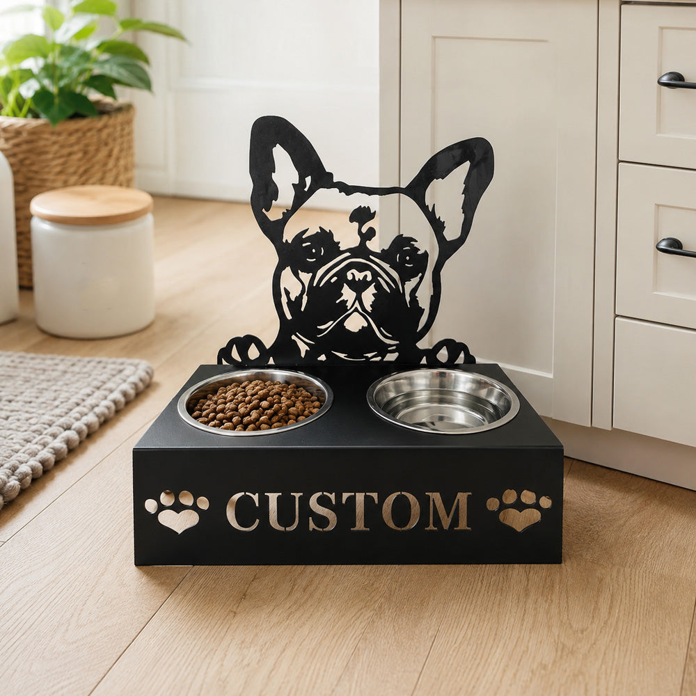 Personalized french bulldog metal dog bowl stand with custom name cutout and two removable feeding bowls