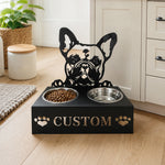 Personalized french bulldog metal dog bowl stand with custom name cutout and two removable feeding bowls