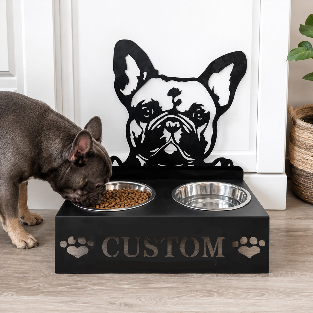 Personalized french bulldog metal dog bowl stand with custom name cutout and two removable feeding bowls