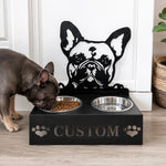Personalized french bulldog metal dog bowl stand with custom name cutout and two removable feeding bowls