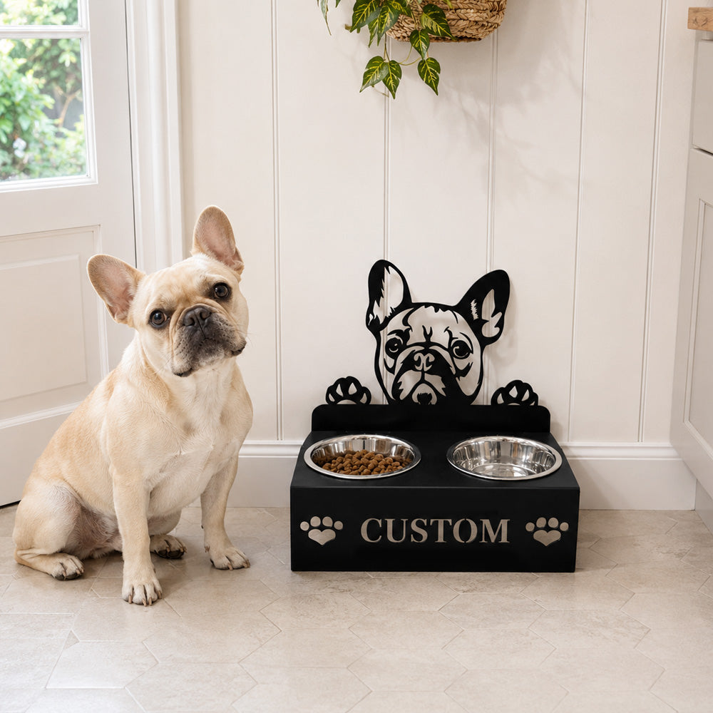 Personalized french bulldog metal dog bowl stand with custom name cutout and two removable feeding bowls