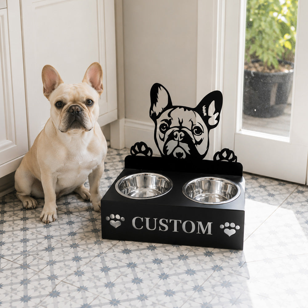 Personalized french bulldog metal dog bowl stand with custom name cutout and two removable feeding bowls