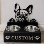 Personalized french bulldog metal dog bowl stand with custom name cutout and two removable feeding bowls