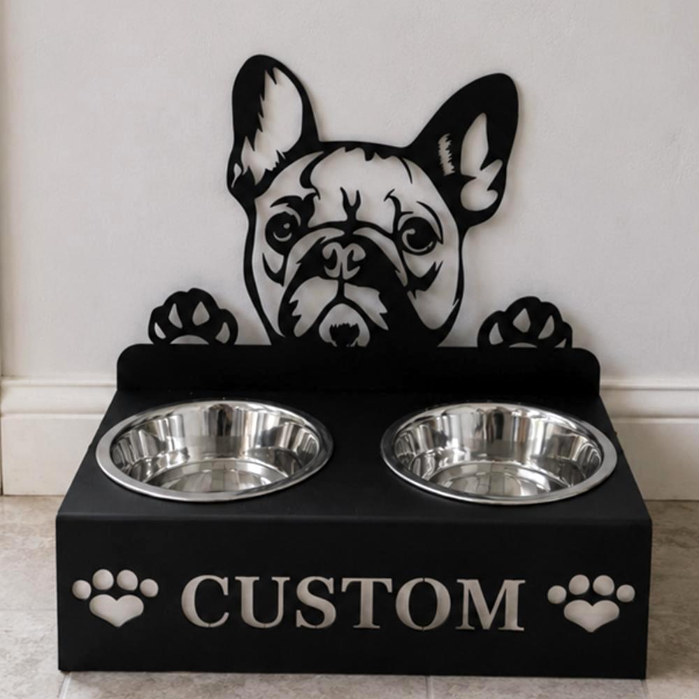 Personalized french bulldog metal dog bowl stand with custom name cutout and two removable feeding bowls