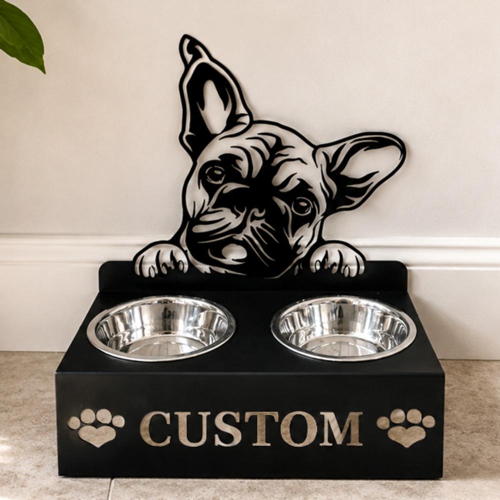 Personalized french bulldog metal dog bowl stand with custom name cutout and two removable feeding bowls