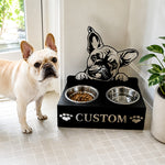 Personalized french bulldog metal dog bowl stand with custom name cutout and two removable feeding bowls