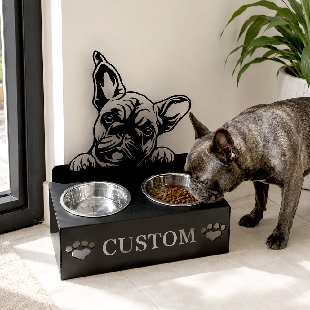 Personalized french bulldog metal dog bowl stand with custom name cutout and two removable feeding bowls
