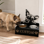 Personalized french bulldog metal dog bowl stand with custom name cutout and two removable feeding bowls