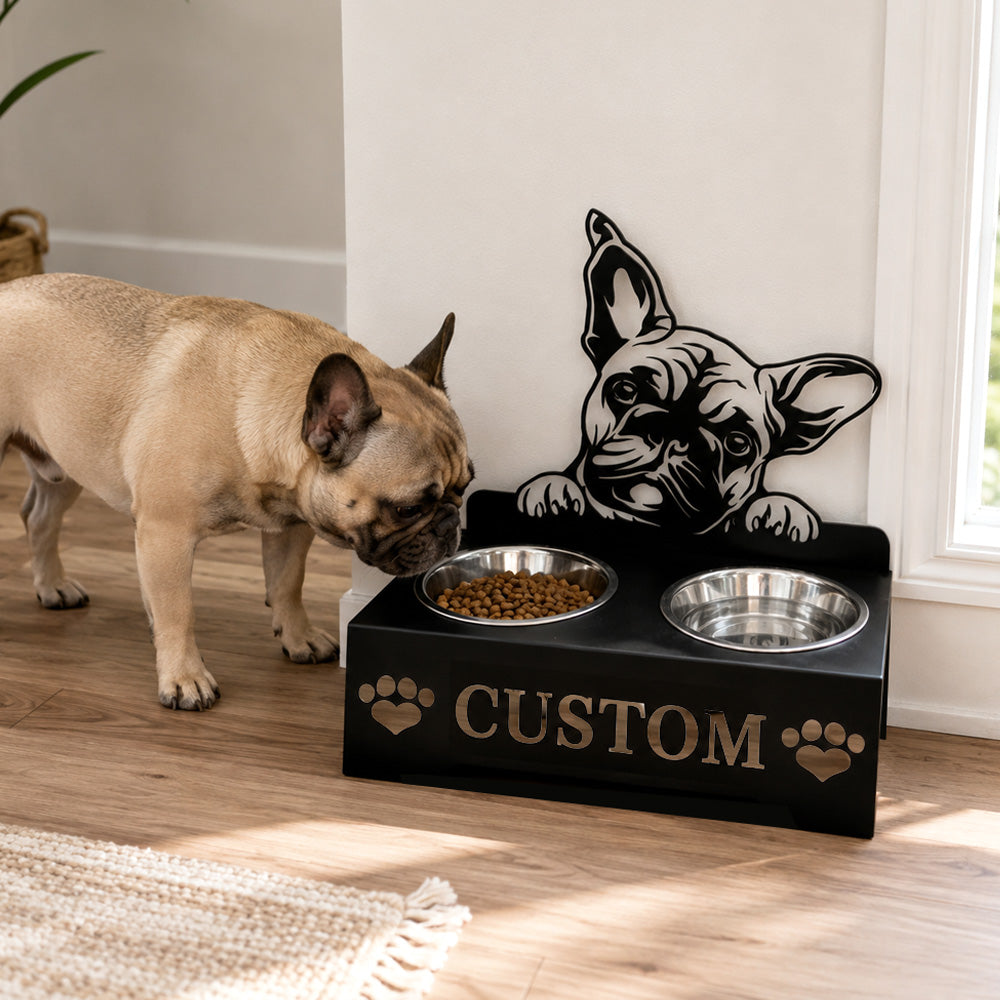 Personalized french bulldog metal dog bowl stand with custom name cutout and two removable feeding bowls