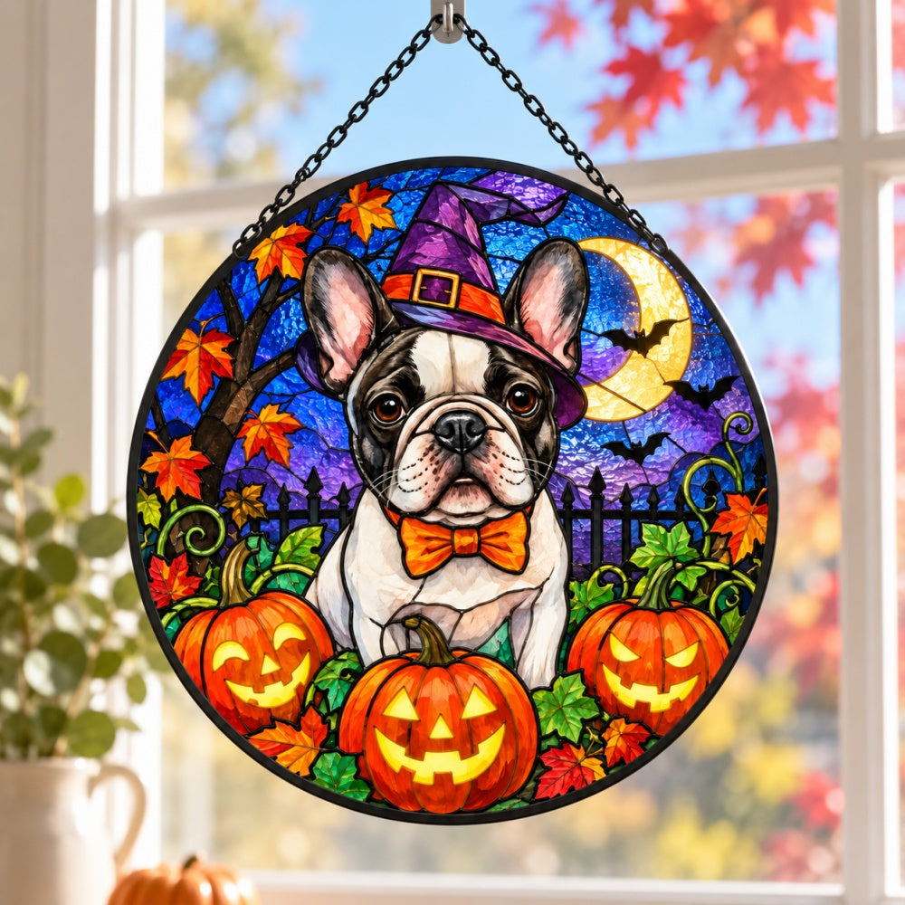 French Bulldog Halloween stained glass suncatcher window hanging, suitable for home and garden decoration