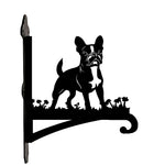 French bulldog metal hanging basket bracket mounted on outdoor wall for plant decoration