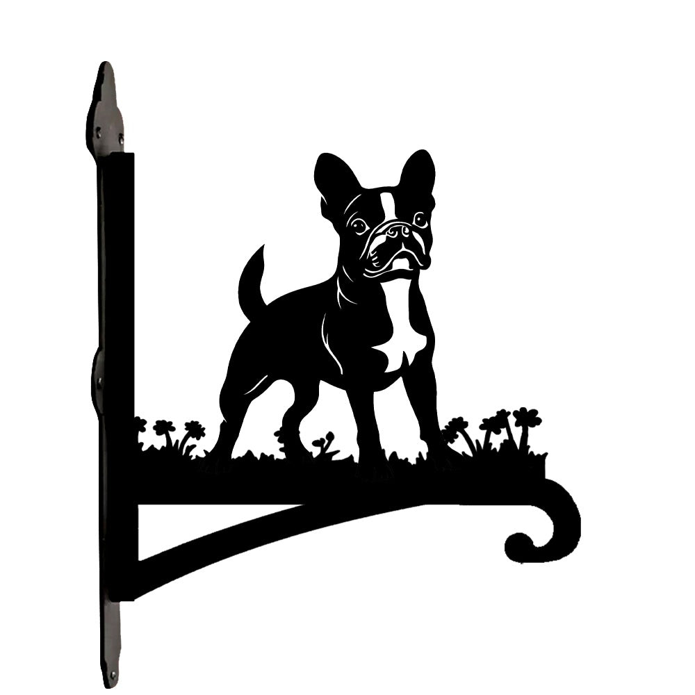French bulldog metal hanging basket bracket mounted on outdoor wall for plant decoration
