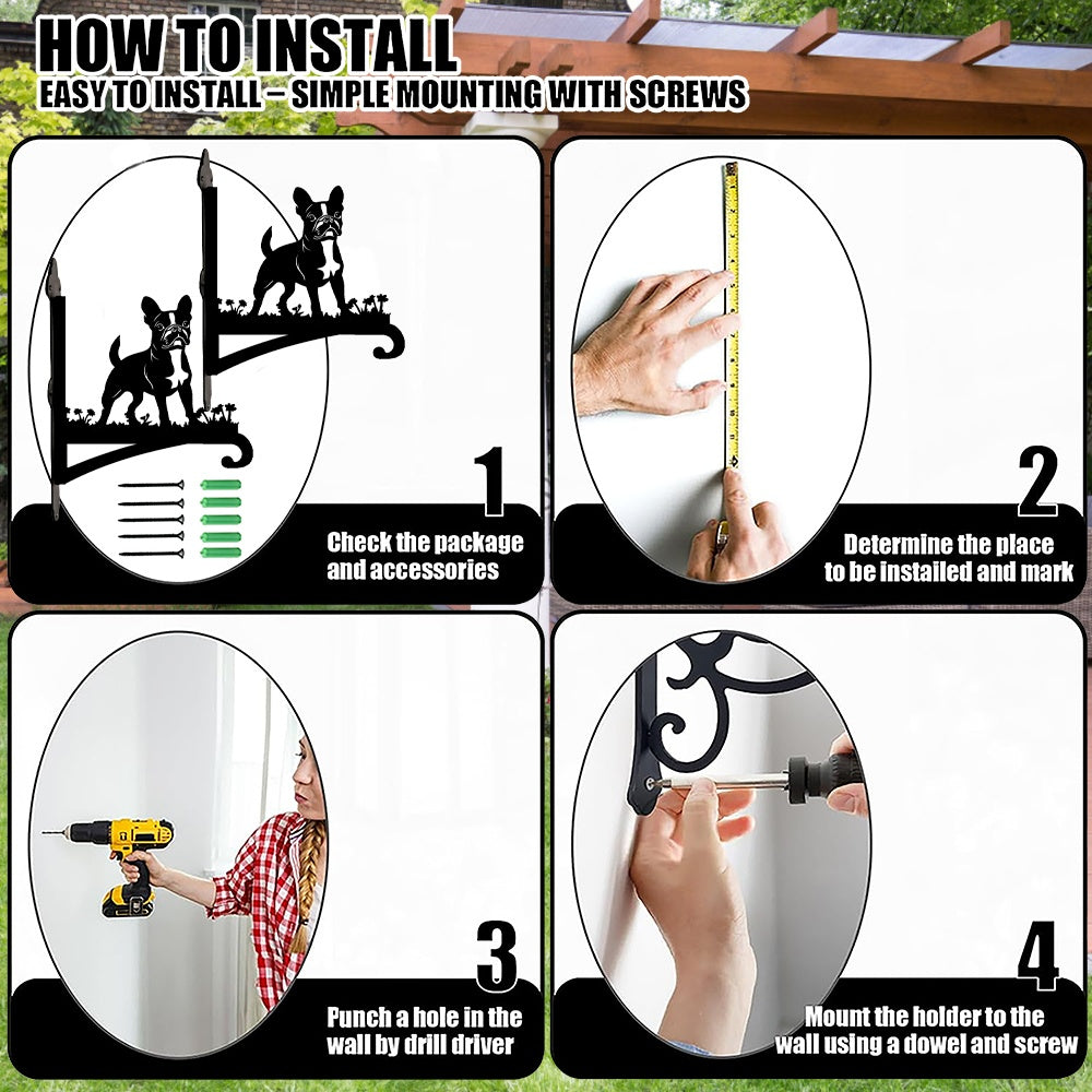 French bulldog metal hanging basket bracket mounted on outdoor wall for plant decoration