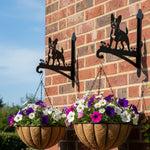 French bulldog metal hanging basket bracket mounted on outdoor wall for plant decoration