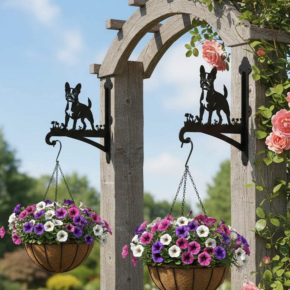 French bulldog metal hanging basket bracket mounted on outdoor wall for plant decoration