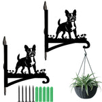 French bulldog metal hanging basket bracket mounted on outdoor wall for plant decoration