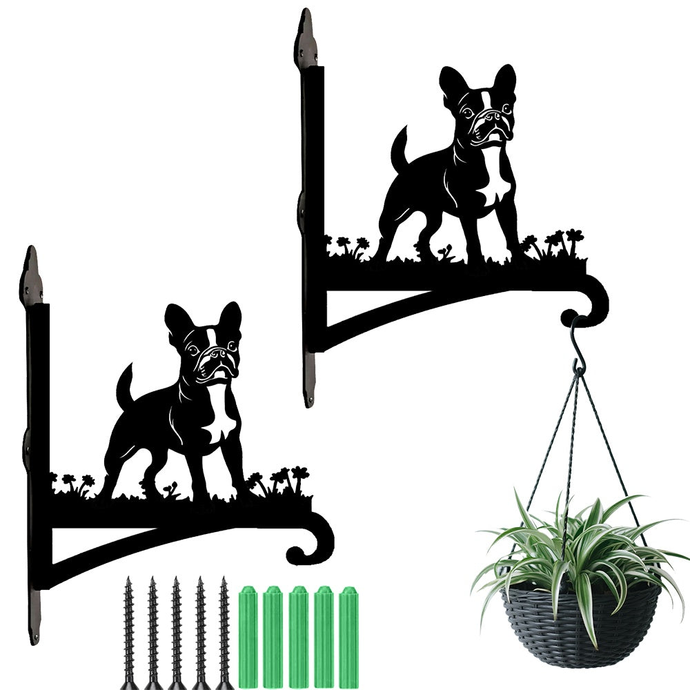 French bulldog metal hanging basket bracket mounted on outdoor wall for plant decoration
