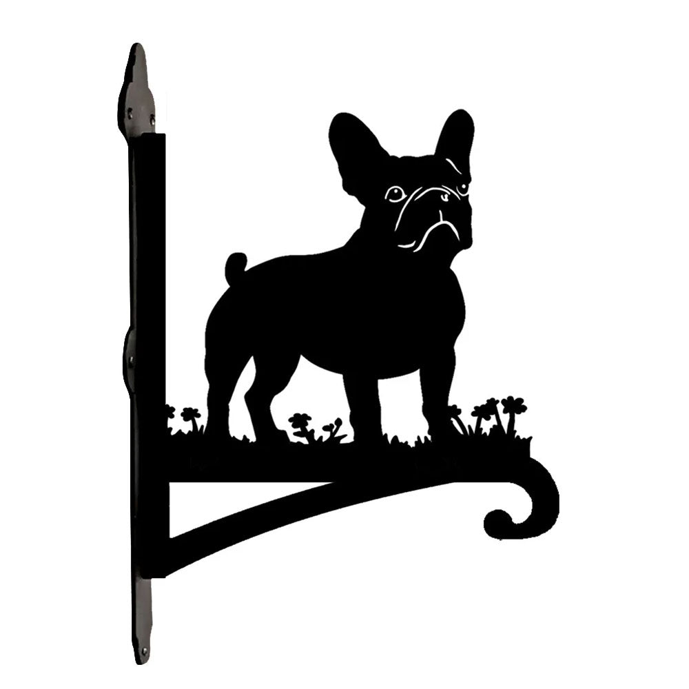 French bulldog metal hanging basket bracket mounted on outdoor wall for plant decoration