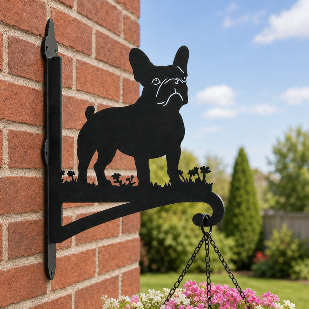 French bulldog metal hanging basket bracket mounted on outdoor wall for plant decoration