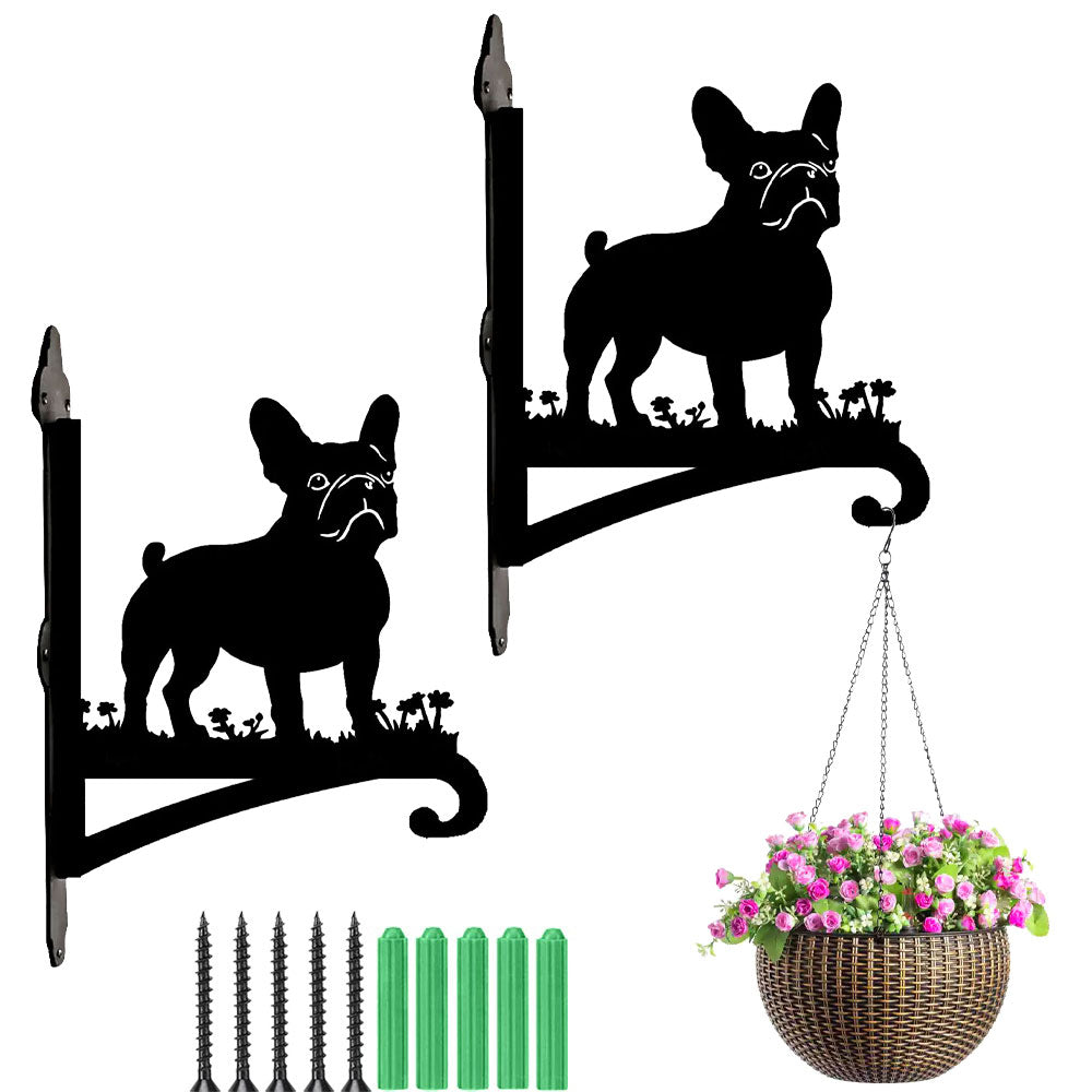 French bulldog metal hanging basket bracket mounted on outdoor wall for plant decoration