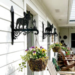 French bulldog metal hanging basket bracket mounted on outdoor wall for plant decoration