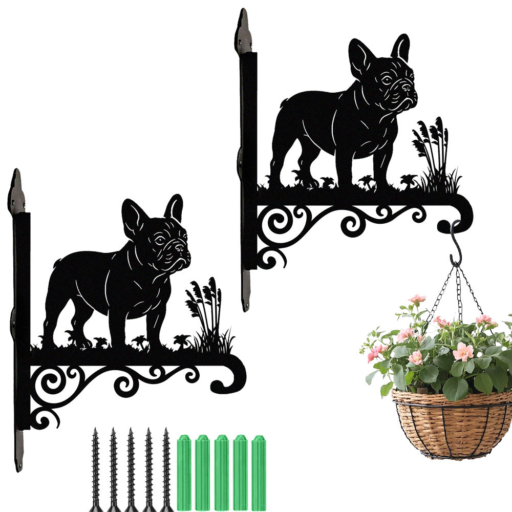 French bulldog metal hanging basket bracket mounted on outdoor wall for plant decoration