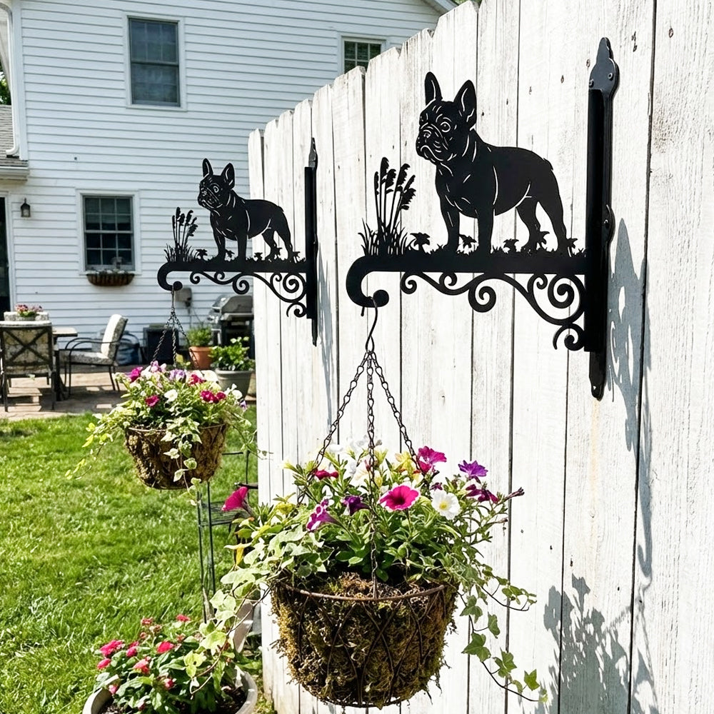 French bulldog metal hanging basket bracket mounted on outdoor wall for plant decoration