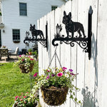 French bulldog metal hanging basket bracket mounted on outdoor wall for plant decoration
