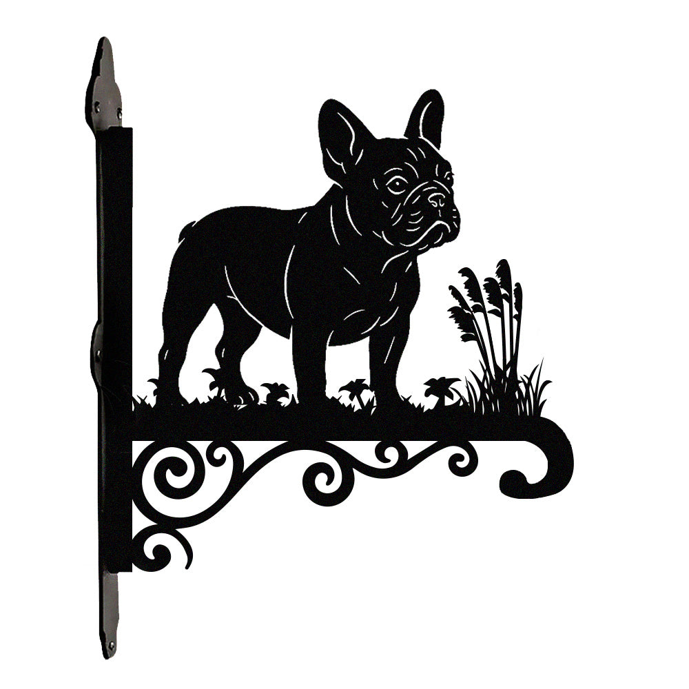 French bulldog metal hanging basket bracket mounted on outdoor wall for plant decoration