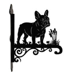 French bulldog metal hanging basket bracket mounted on outdoor wall for plant decoration