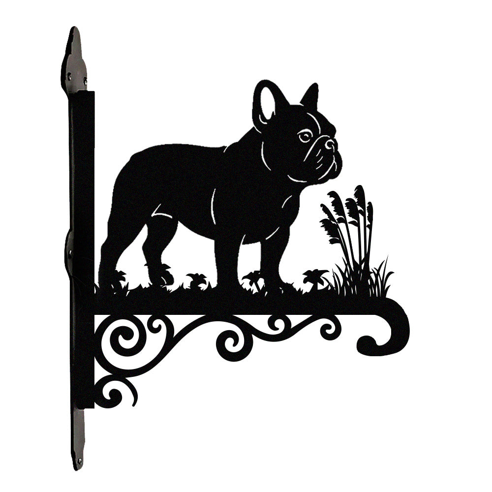 French bulldog metal hanging basket bracket mounted on outdoor wall for plant decoration