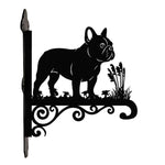 French bulldog metal hanging basket bracket mounted on outdoor wall for plant decoration