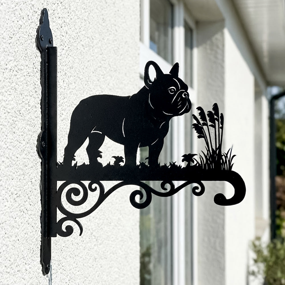 French bulldog metal hanging basket bracket mounted on outdoor wall for plant decoration