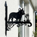 French bulldog metal hanging basket bracket mounted on outdoor wall for plant decoration