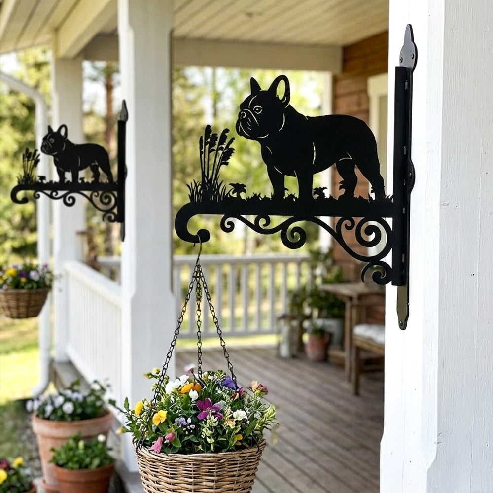 French bulldog metal hanging basket bracket mounted on outdoor wall for plant decoration
