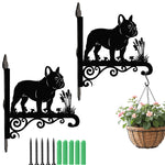 French bulldog metal hanging basket bracket mounted on outdoor wall for plant decoration