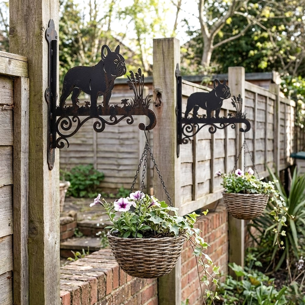 French bulldog metal hanging basket bracket mounted on outdoor wall for plant decoration