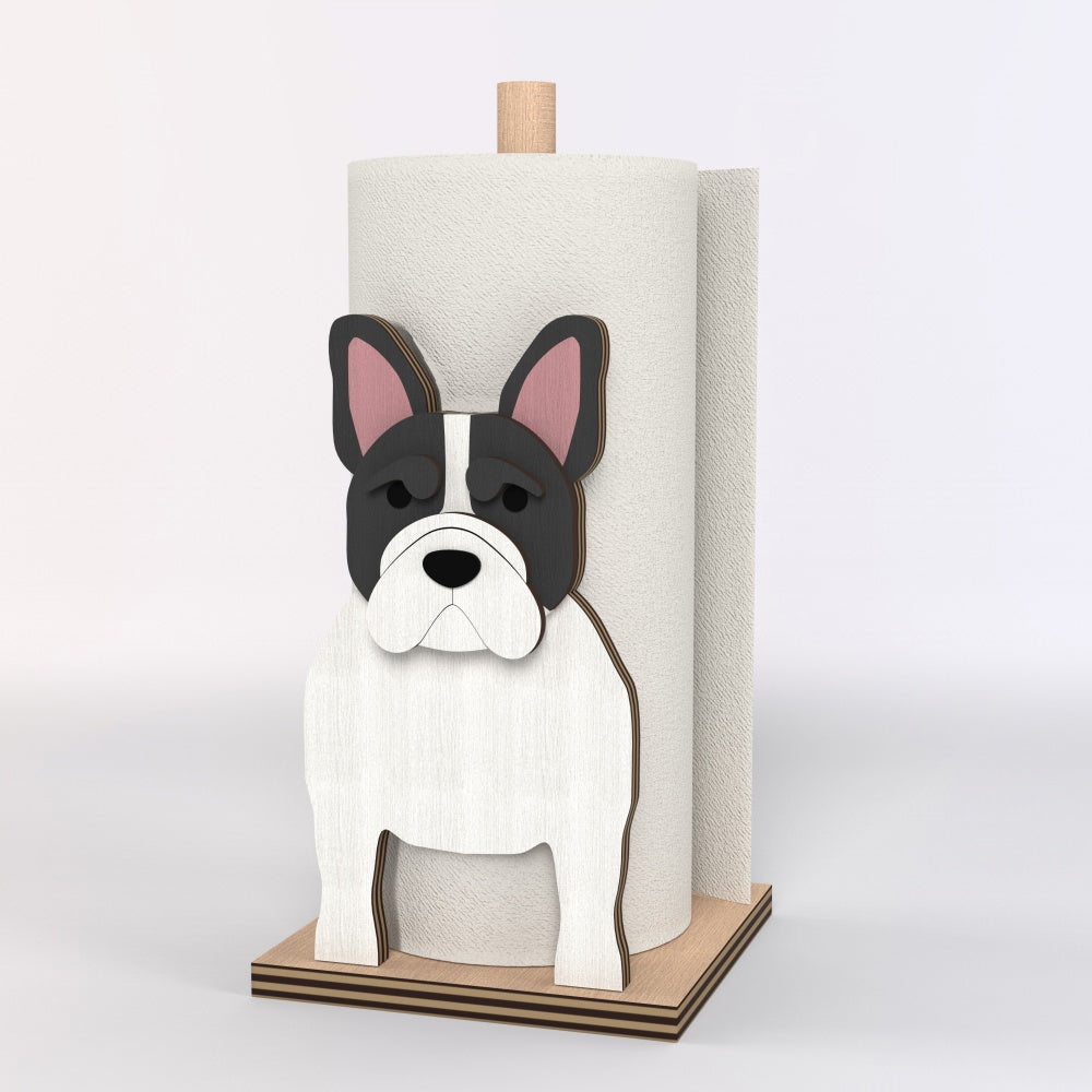 French Bulldog Wooden Dog Paper Towel Holder displayed on a kitchen countertop with a freestanding paper towel roll